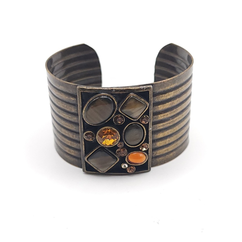 Bronze Tone Wide Cuff Bracelet Cat Eye Cabochons Rhinestones Boho 7in